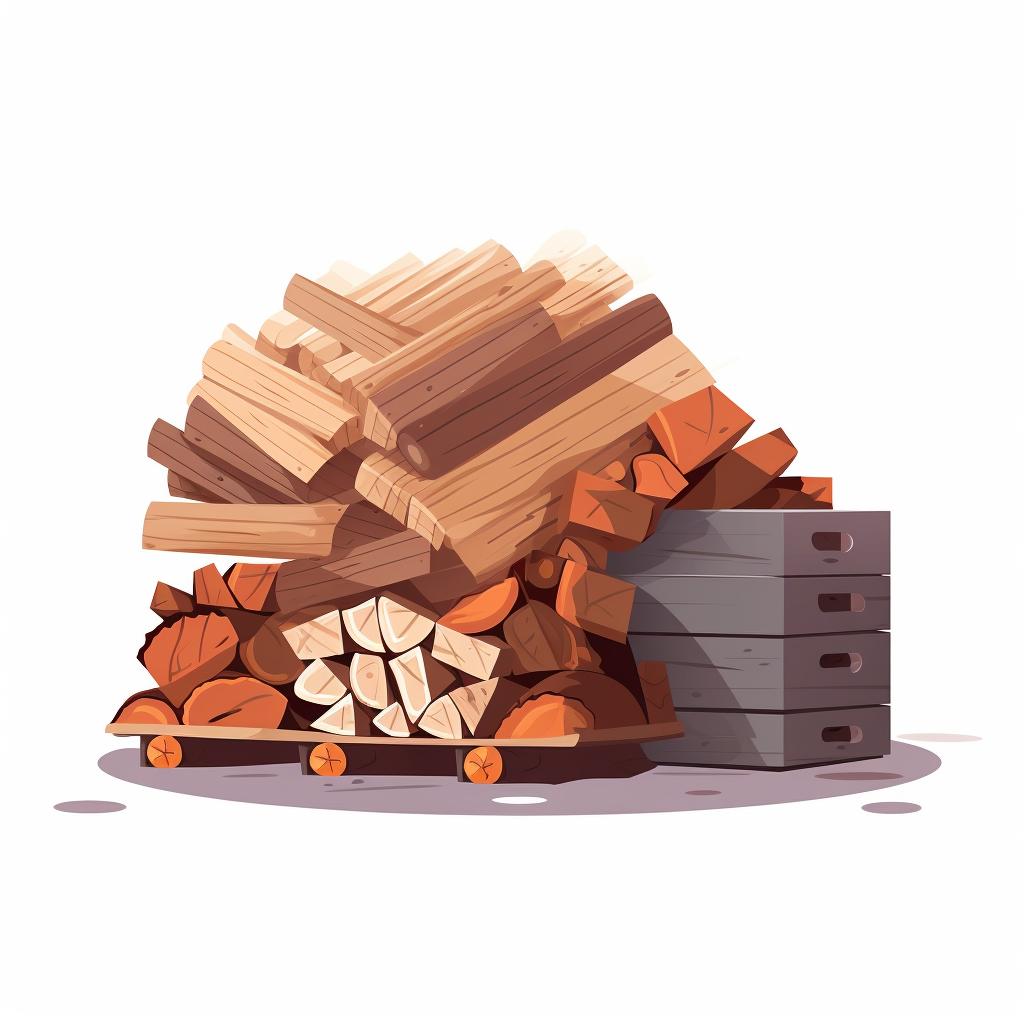 A pile of building materials including wood, insulation, and a sauna heater