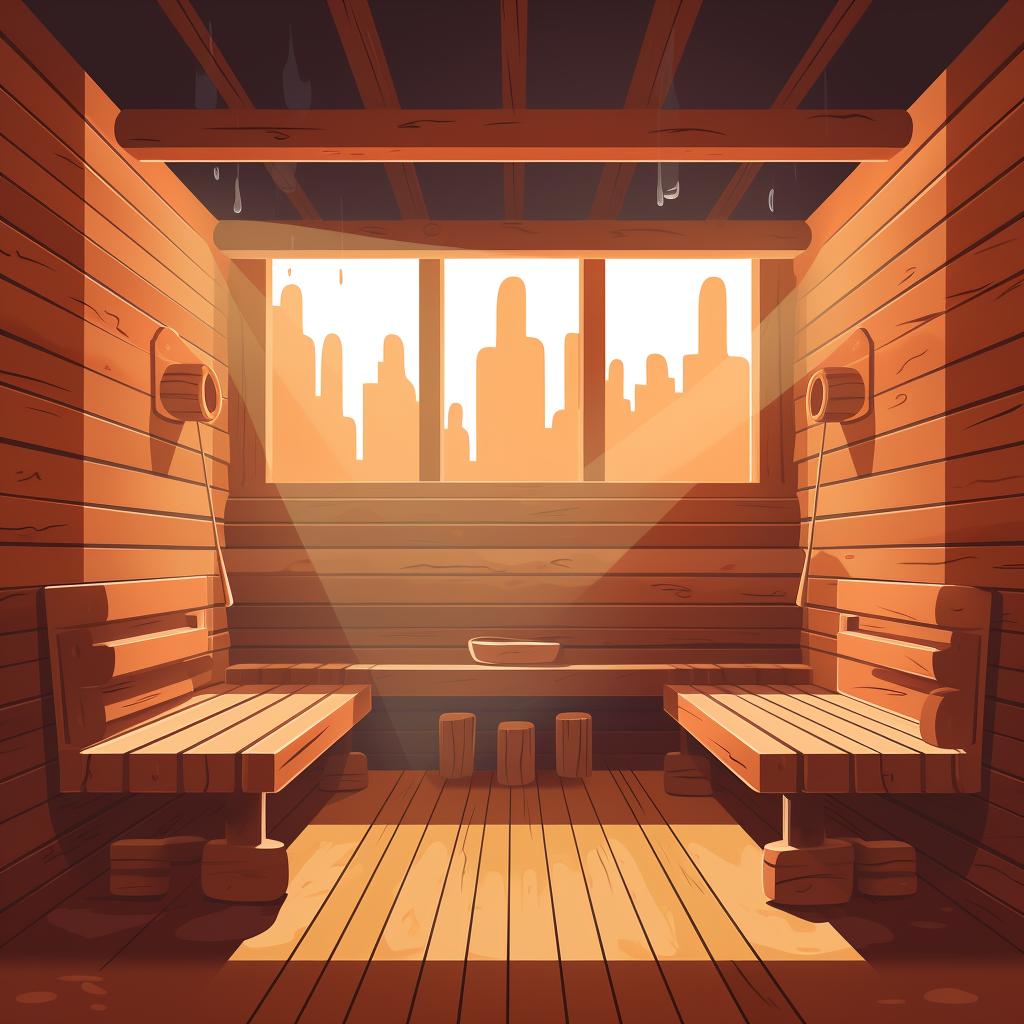 Interior of a sauna with wooden benches and lighting