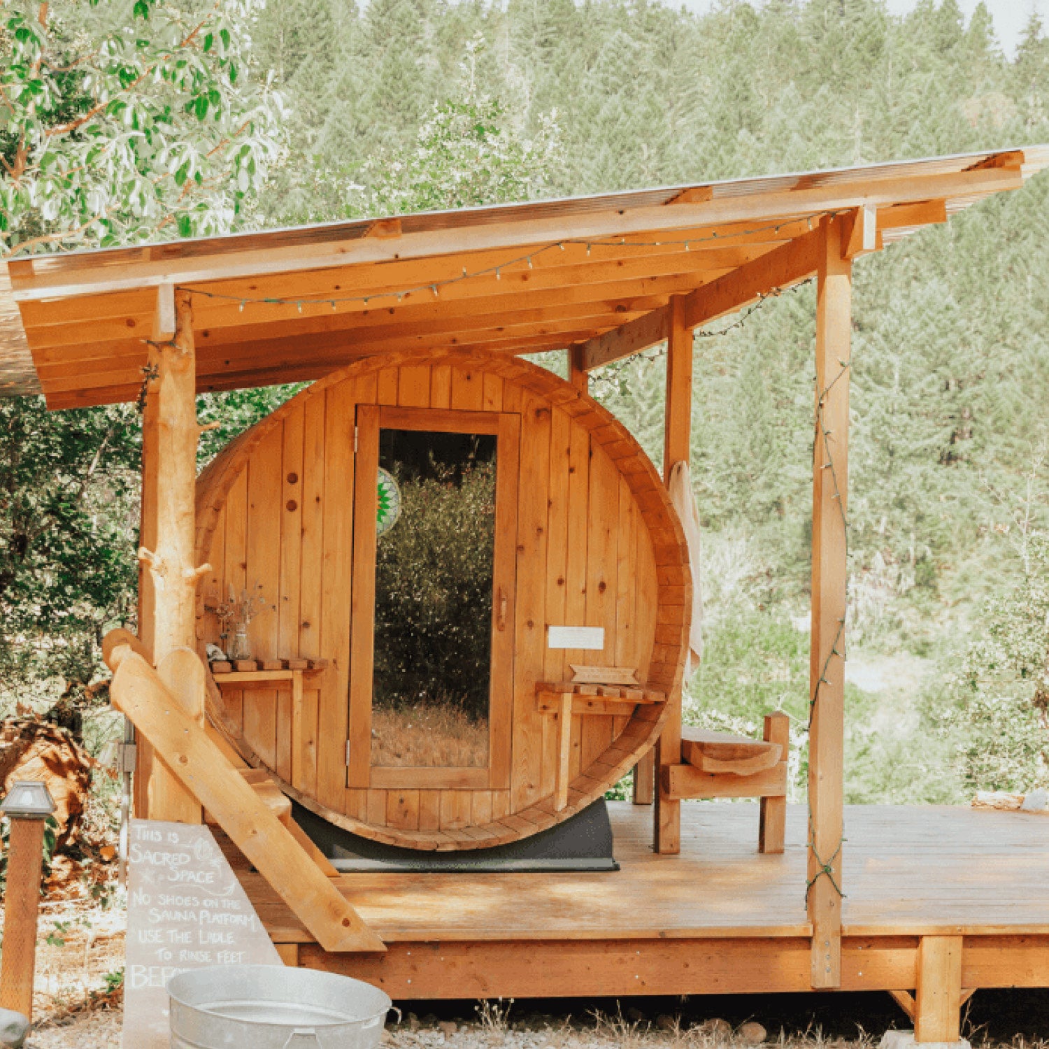 Exterior view of a cylindrical barrel sauna