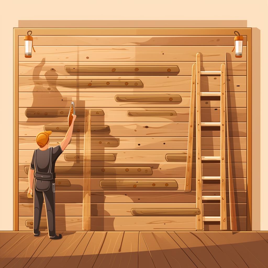 Wooden planks being installed on the walls of a sauna