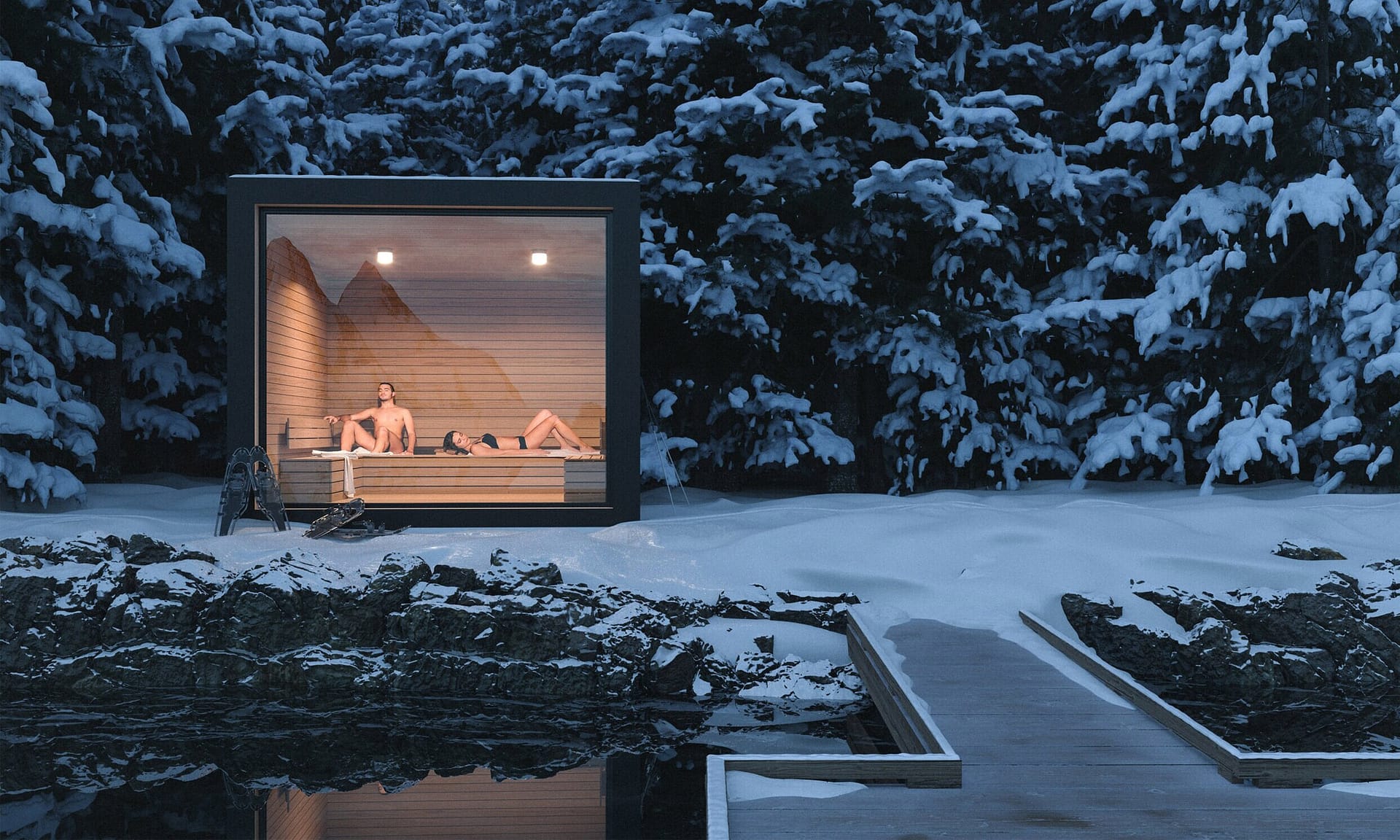 Scandinavian minimalist outdoor sauna in snowy landscape